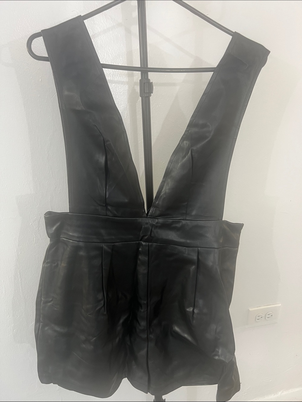 Black Faux Leather Deep-V Romper